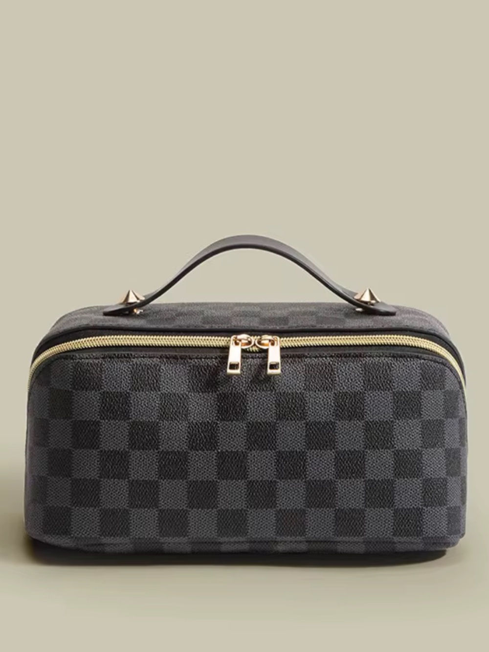 Checkerboard Top Handle Cosmetic Case Toiletry Bag - Charcoal Gray Black